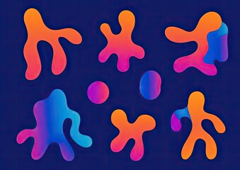 Abstract shapes in vibrant colours.  A collection of organic, fluid forms in a mix of orange, blue, and purple hues against a deep navy background.  Each shape has a soft, melting or dripping effect
