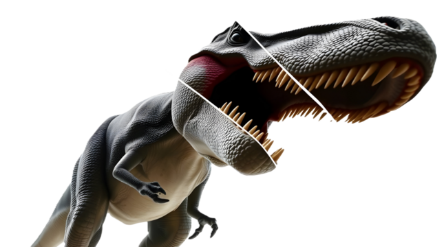 A high contrast, low key image of a Tyrannosaurus Rex, depicted in a modern futuristic style with an epic scale and lens flare lighting. The T-Rex is upright, slightly forward-tilted, mouth open, reve