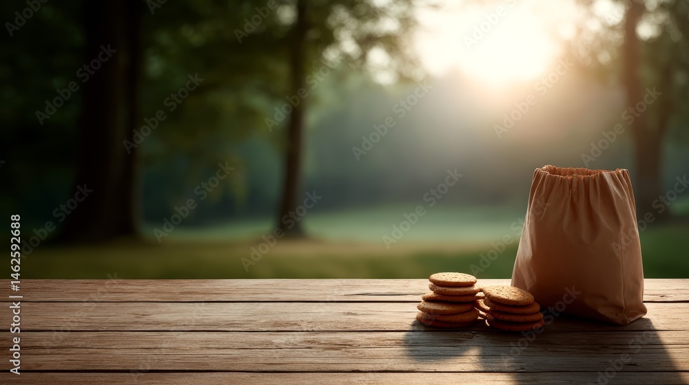 Poster freshly baked biscuits are neatly placed next to a kraft bag on a wooden ledge, basking in a warm mo