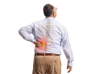 Rear view shot of a mature man holding his back with red inflamed spot