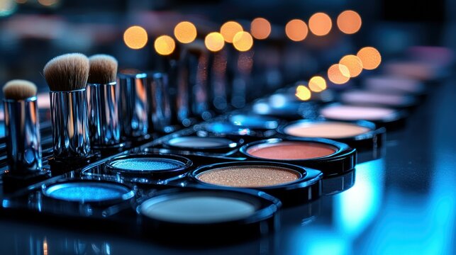 Makeup brushes and palettes in a dark setting