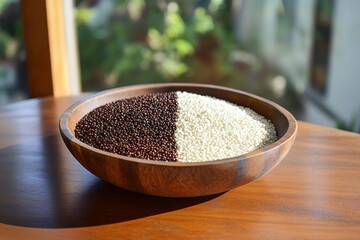 Wooden bowl filled with dark and light seeds, divided in half