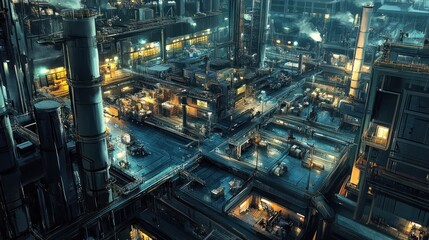 Aerial view of a complex industrial city at night, with interconnected factories, pipelines, and transportation networks. 