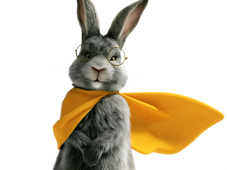 superhero bunny wearing yellow cape and glasses isolated on white background PNG