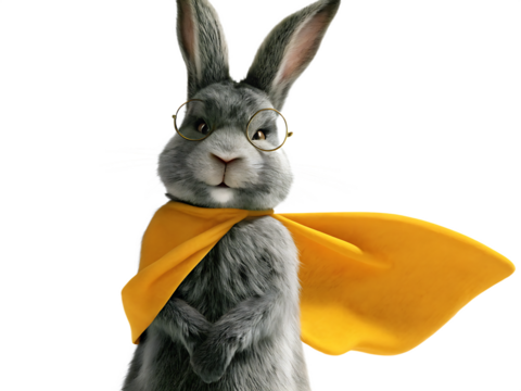 superhero bunny wearing yellow cape and glasses isolated on white background PNG