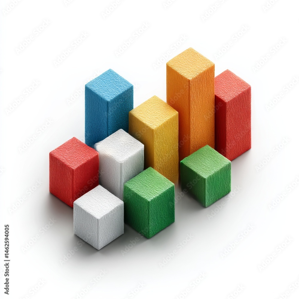 Poster Colorful Wooden Blocks Forming an Abstract Bar Graph on a White Background - Depicting Growth and Data Visualisation