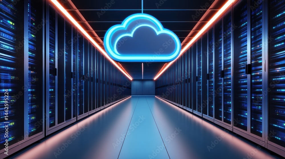 Poster cloud computing data center: a futuristic server room with neon cloud icon