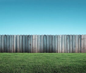 Wooden fence runs horizontally across a grassy yard against a clear blue sky