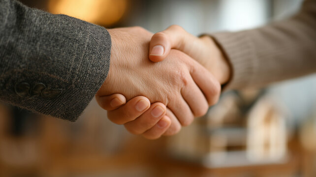 Two agents engage in a firm handshake, symbolizing the start of a fruitful partnership in the real estate market. The warm ambiance reflects the welcoming nature of their business in property selling.