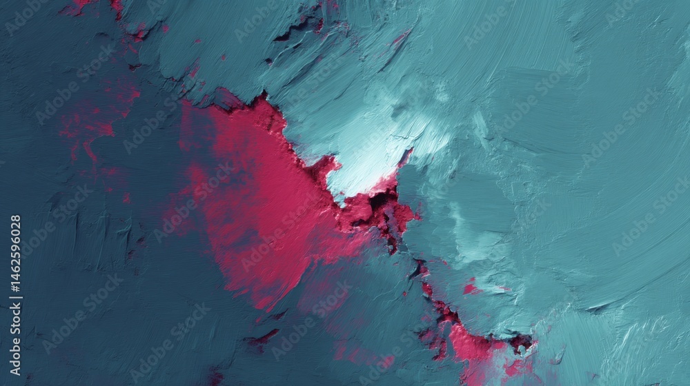 Poster A wide shot captures a textured abstract canvas showcasing dynamic brushstrokes in turquoise and coral, creating a vivid and engaging background composition