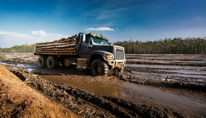Obraz premium Offroad big rig truck logging in mud woods