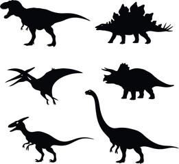 Dinosaur silhouettes set including tyrannosaurus stegosaurus pterodactyl triceratops brachiosaurus and parasaurolophus vector illustration 