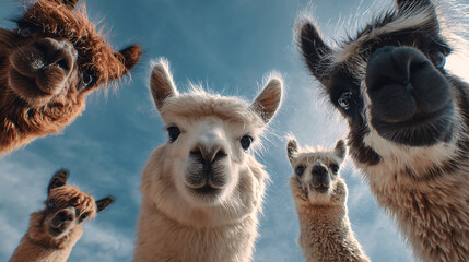 funny alpaca and llama group portrait from below with blue sky background, woolly animal faces looking down, humorous farm livestock scene with expressive curious pets and fluffy hair details
