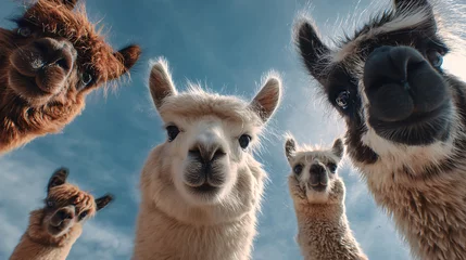 Verduisterende gordijnen funny alpaca and llama group portrait from below with blue sky background, woolly animal faces looking down, humorous farm livestock scene with expressive curious pets and fluffy hair details  © Vilius