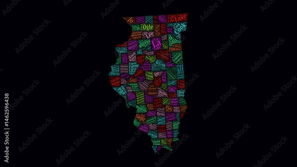 Poster illinois intro video. counties word clouds animation. illinois counties names in the english languag