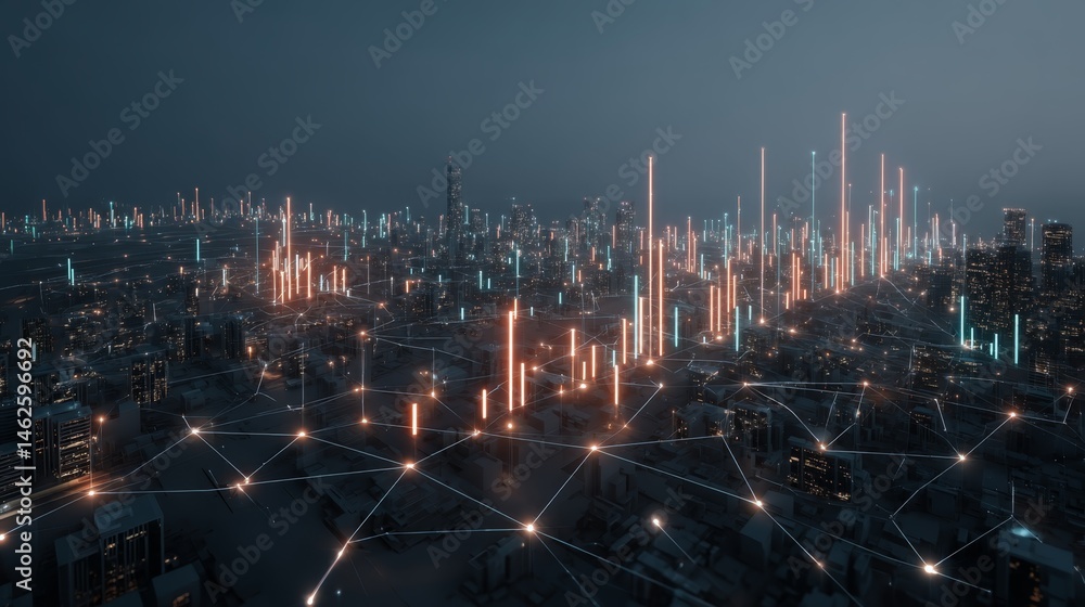 Poster A wide shot captures a vibrant data chart rising from a digital cityscape, highlighting luminous nodes and glowing connections between towering buildings