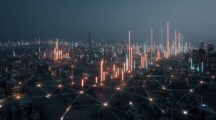 A wide shot captures a vibrant data chart rising from a digital cityscape, highlighting luminous nodes and glowing connections between towering buildings