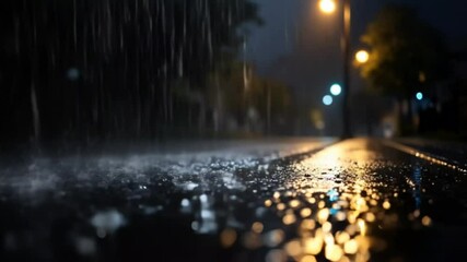 A dark, rainy night scene with heavy rain cascading down