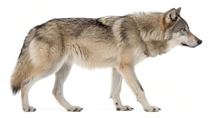 A light brown and grey wolf walking across a white background in a studio setting side profile view...