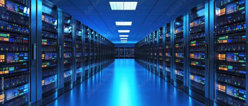 Aufkleber illuminated data center: rows of servers in a modern digital infrastructure
