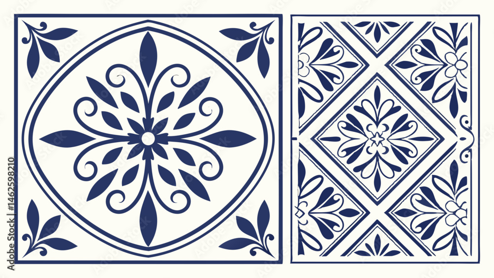 Poster two decorative tiles with floral patterns in navy blue on a white background in a square format desi