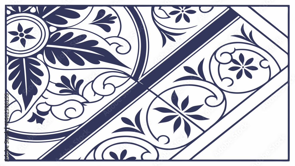 Poster ornate floral design with leaves and blossoms in navy blue with geometric border elements creating a