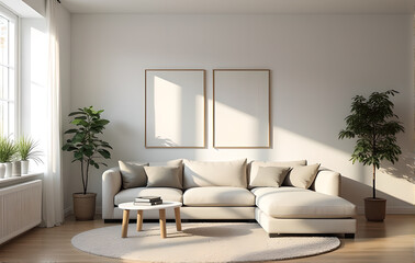 A cozy living room features a minimalist design with soft seating, a round wooden table, and lush indoor.generative ai