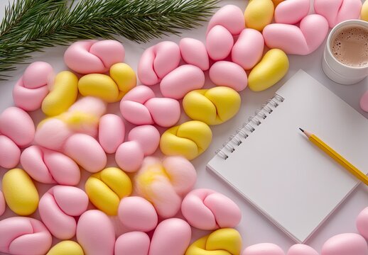 Pastel-colored, textured objects scattered around a notepad, pencil, and coffee cup.  Spaced, soft, colorful, shapes, creating a  visual abstract.  A sprig of pine on the top