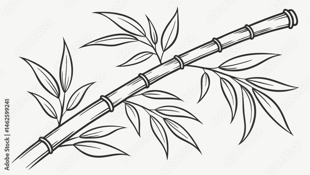 Poster illustration of a bamboo stalk with several leaves sprouting from the stem on a white background cre