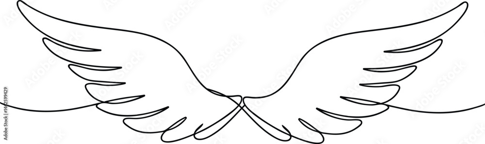 Poster continuous one line drawing of an angel wing in minimal and elegant style on a clean white backgroun