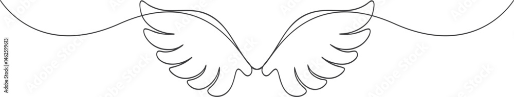 Poster continuous one line drawing of an angel wing in minimal and elegant style on a clean white backgroun