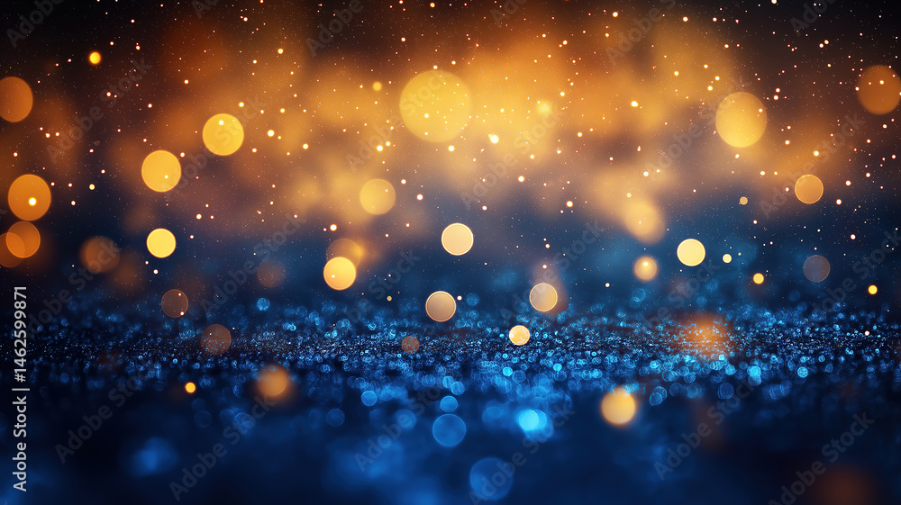 Poster golden and blue bokeh lights blend with sparkling stars, creating a mesmerizing and radiant effect
