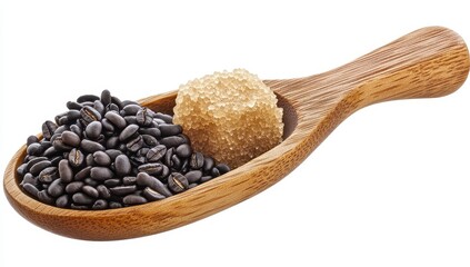 Wooden spoon holding coffee beans and brown sugar