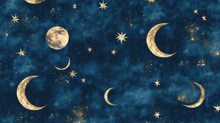 Naklejka premium Whimsical wallpaper with hand-drawn celestial elements like moons and stars on dark blue