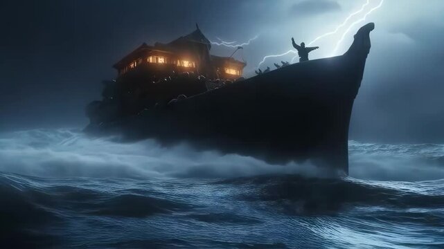wooden Noah's ark among the raging ocean at night, the figure of a man with his arms raised against a background of lightning, the concept of faith, salvation, the biblical story of the flood
