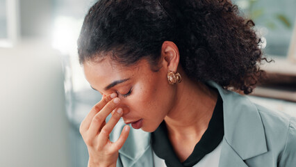 Businesswoman, headache or burnout in office with mental breakdown, brain fog or debt crisis....