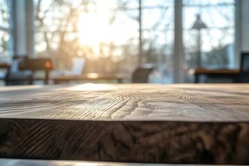 Wooden table top in a sunlit room.  Close-up view of a light brown wooden table surface, with blurred background of a bright room, trees, and sunlight