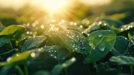 Bright green spinach leaves with water droplets glistening in morning light