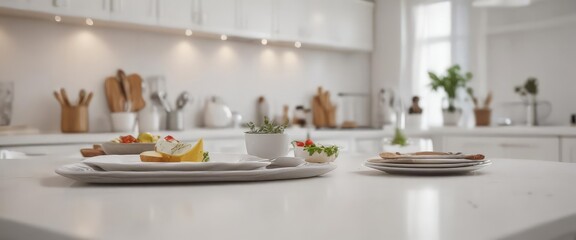 Clean white tabletop, soft-focus kitchen scene, photo, minimal, glossy