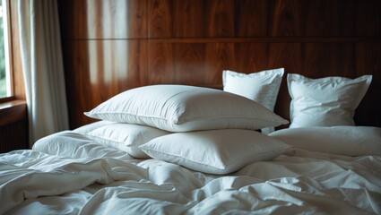 Disheveled bed with white sheets and pillows in a bedroom environment