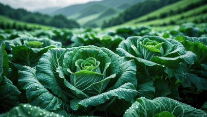 Obraz premium Fresh cabbage leaves growing organically on the mountain slopes during spring