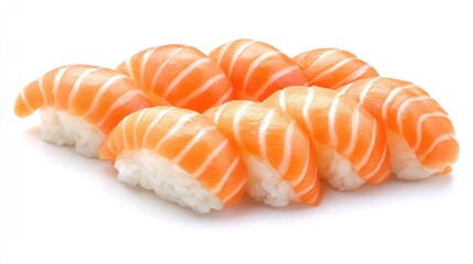 Close-up of salmon nigiri on a clean white backdrop with wasabi and pickled ginger