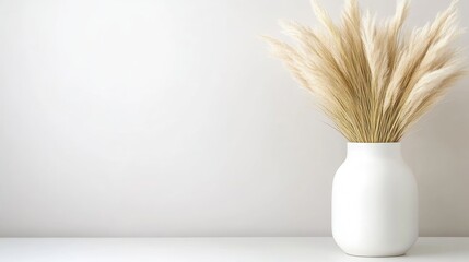 Naklejka premium A white ceramic vase filled with dried pampas grass on a minimalist white shelf, soft lighting and neutral background, and interior decor concept.