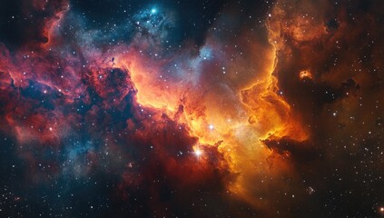 Vibrant Nebula in Deep Space Featuring Swirling Clouds of Orange and Blue Hues Glittering with Distant Stars a Breathtaking Panorama of Cosmic Beauty