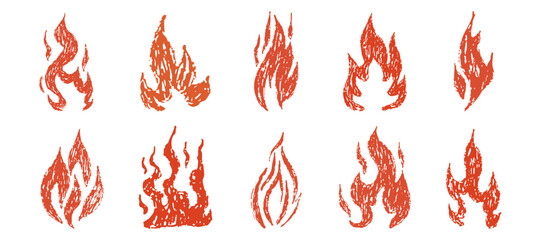 Fire flame grunge hand drawn chalk. Tattoo abstract y2k vintage simple shape. Crayon drawn red flame icon. Graffiti doodle.