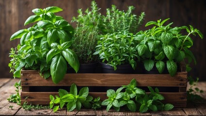 Potted herbs like basil and oregano in crate on table with natural background