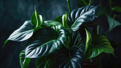 Close-up of the Black Queen Anthurium, a rare-colored flamingo flower used in home decor and floral design against a dark backdrop.