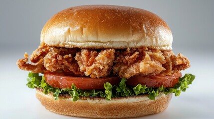 A mouthwatering fried chicken sandwich is artfully arranged, presenting an appetizing image. The delectable chicken piece nestled between the fresh bun with vegetables and tomato.