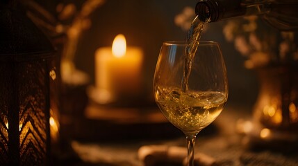 Pouring white wine into glass with candlelight. Romantic dinner and relaxing evening.