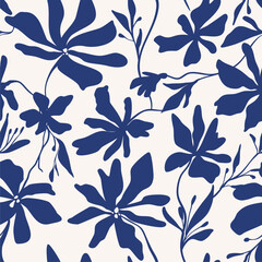 Seamless floral vector laconic blue on beige ink pattern vintage handmade for fabric design, decor, ceramics, greeting cards, flowers, texture print on a light background